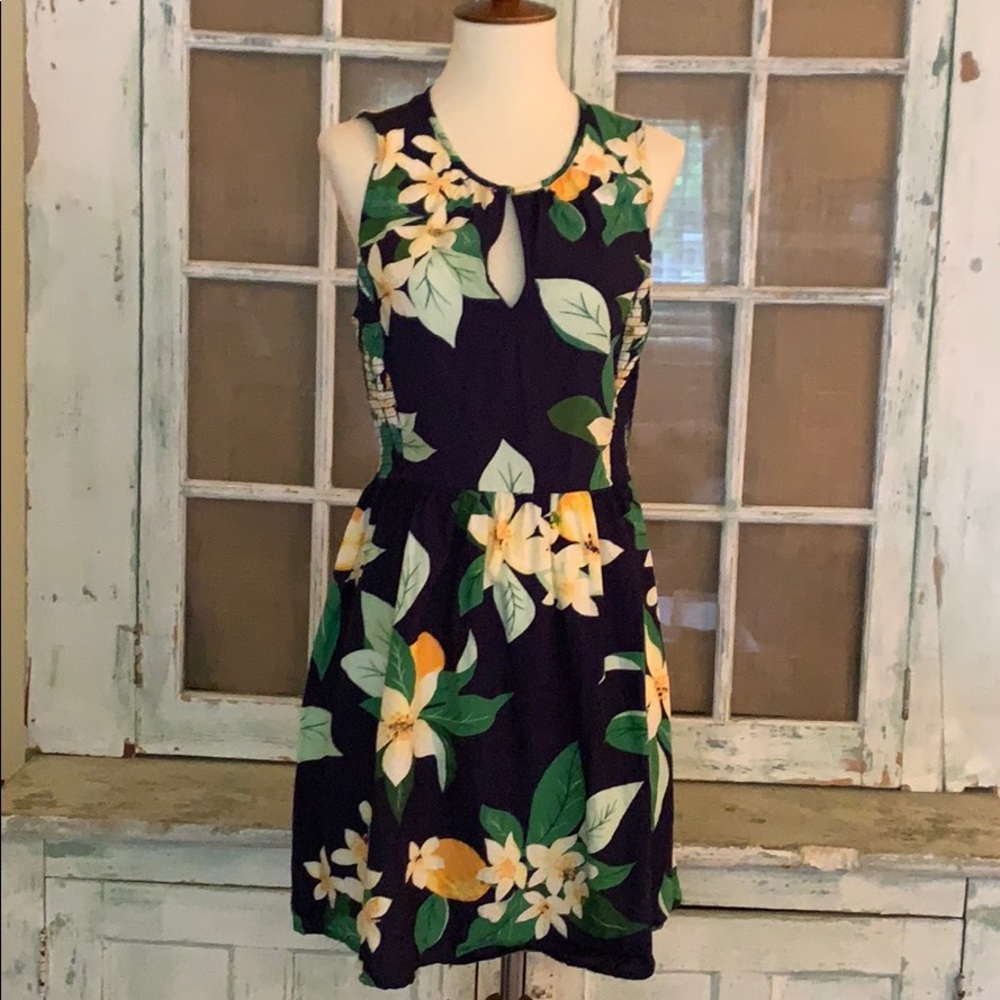 Navy blue and citrus/floral dress